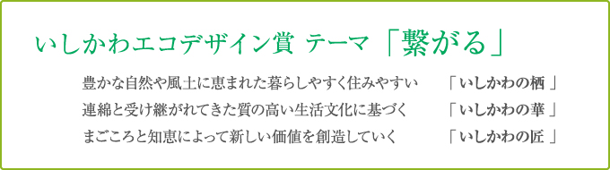 テーマ:「繋がる」豊かな自然や風土に恵まれた暮らしやすく住みやすい「いしかわの栖」、連綿と受け継がれてきた質の高い生活文化に基づく「いしかわの華」、まごころと知恵によって新しい価値を創造していく「いしかわの匠」