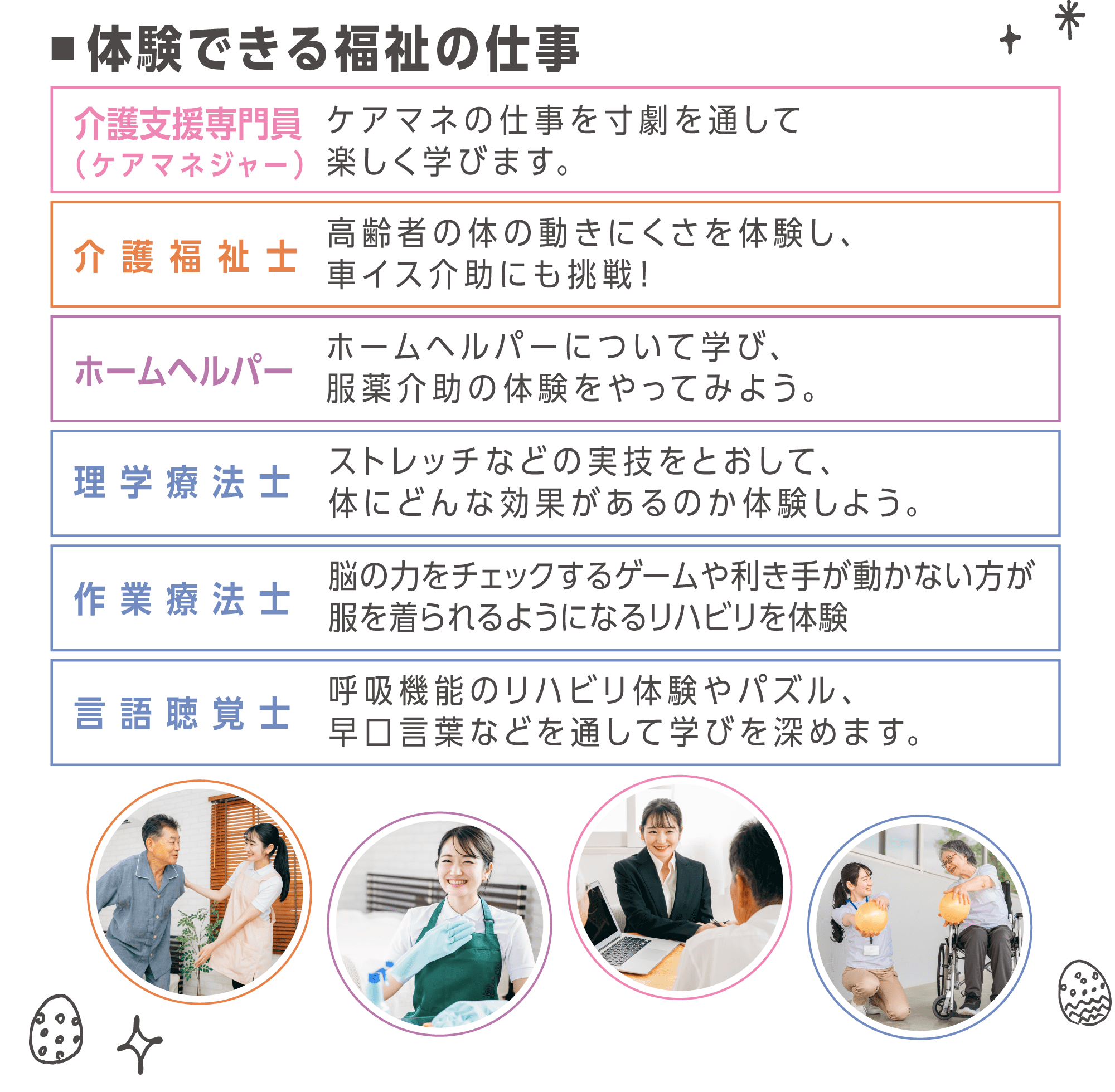車椅子介助、服薬介助、ストレッチなどの実技やリハビリ体験など、体験を通して楽しく学びを深めます。